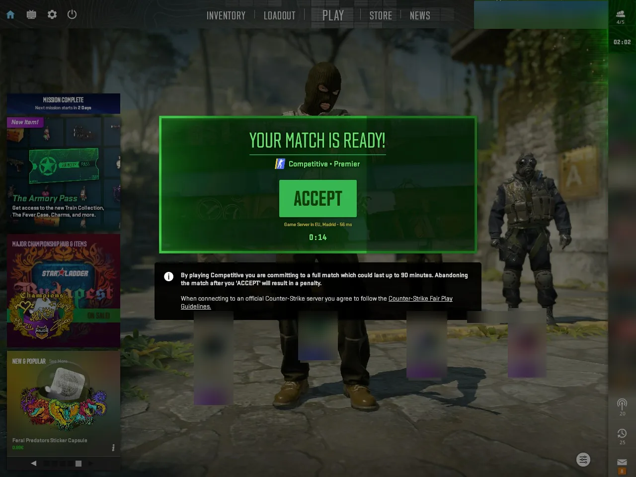 The CS2 menu: YOUR MATCH IS READY, Competitive Premier, ACCEPT