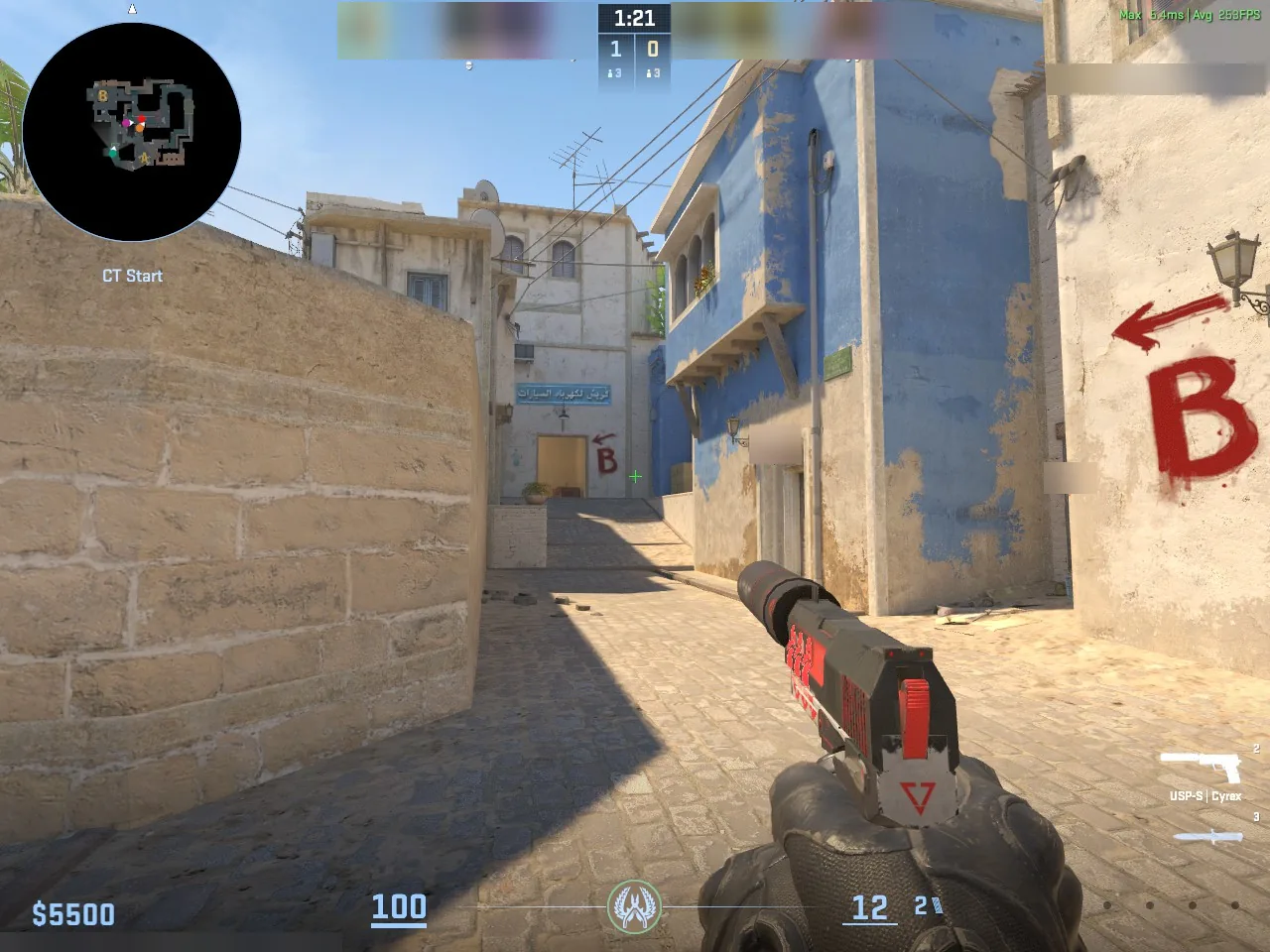 A real CS2 frame: Dust II, CT Start, the B arrows ahead