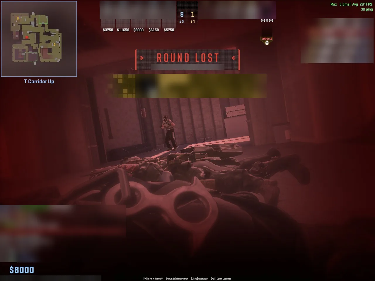The CS2 death cam after dying: red tint, ROUND LOST
