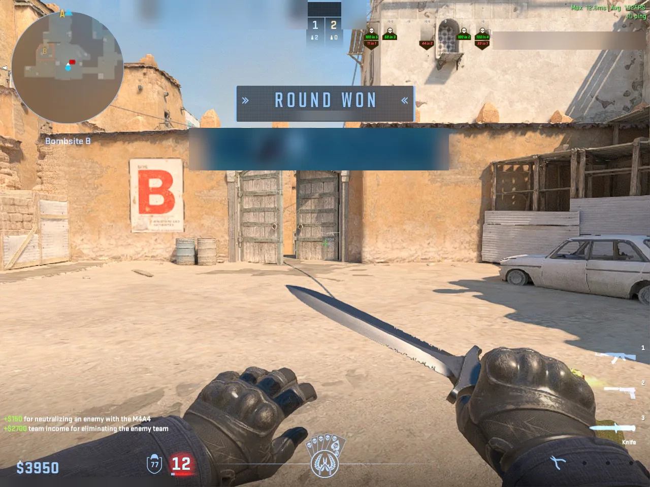 Round over on Dust II Bombsite B: ROUND WON, knife out
